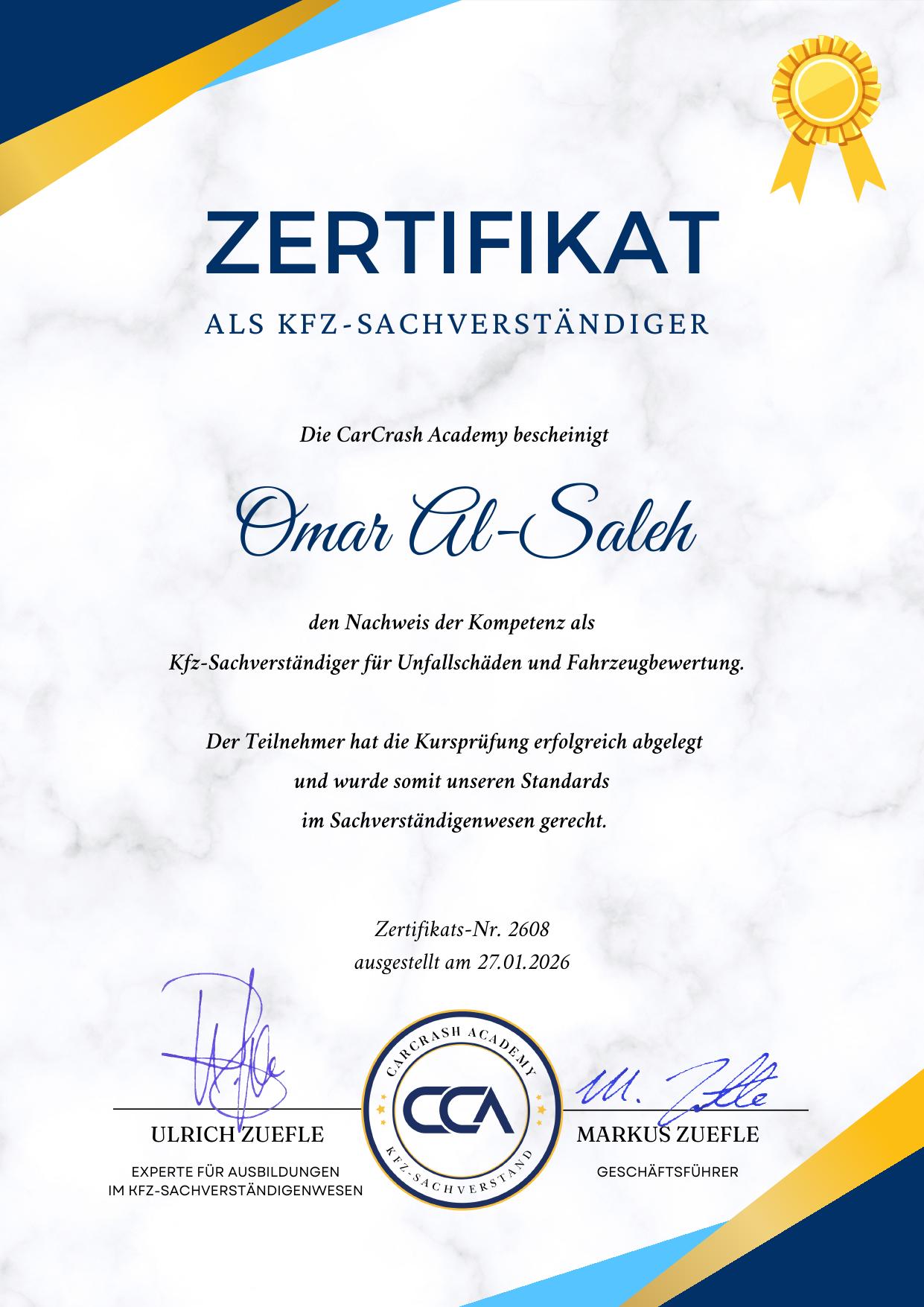 Diplom der Car Crash Academy für Omar Al-Saleh